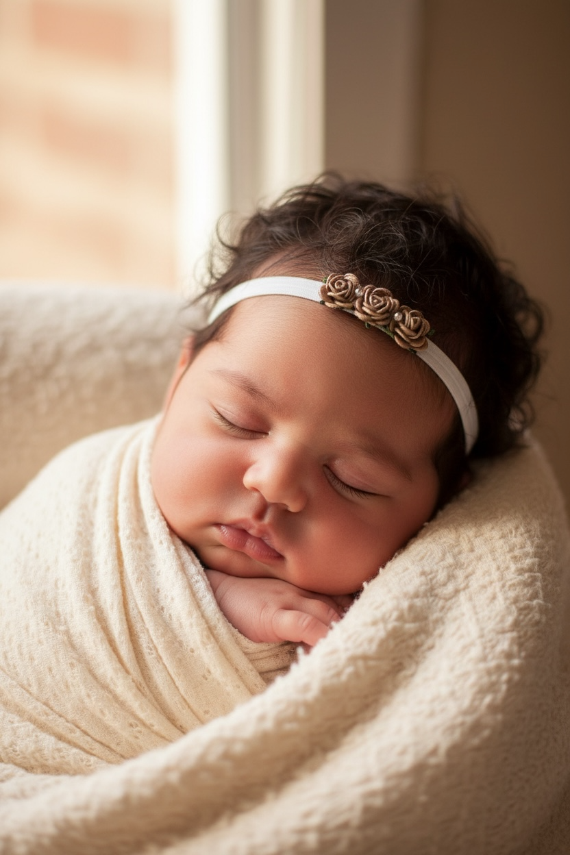 Plush elastic headband with three mulberry roses in brown