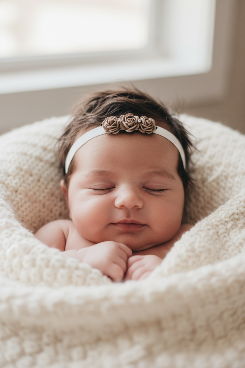 Plush elastic headband with three mulberry roses in brown