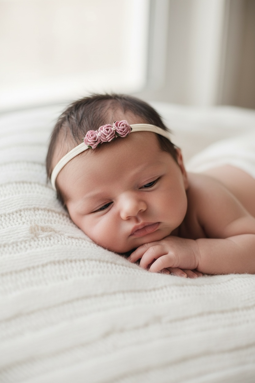Plush elastic headband with three mulberry roses in pink
