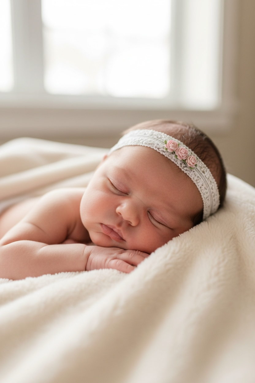 Off white lace headband with three mulberry roses in pink