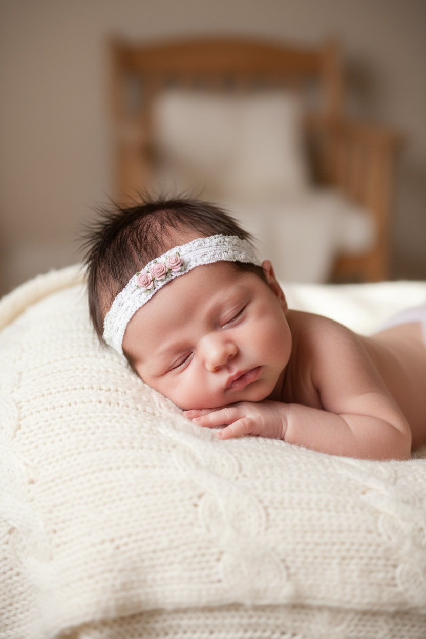 Off white lace headband with three mulberry roses in pink