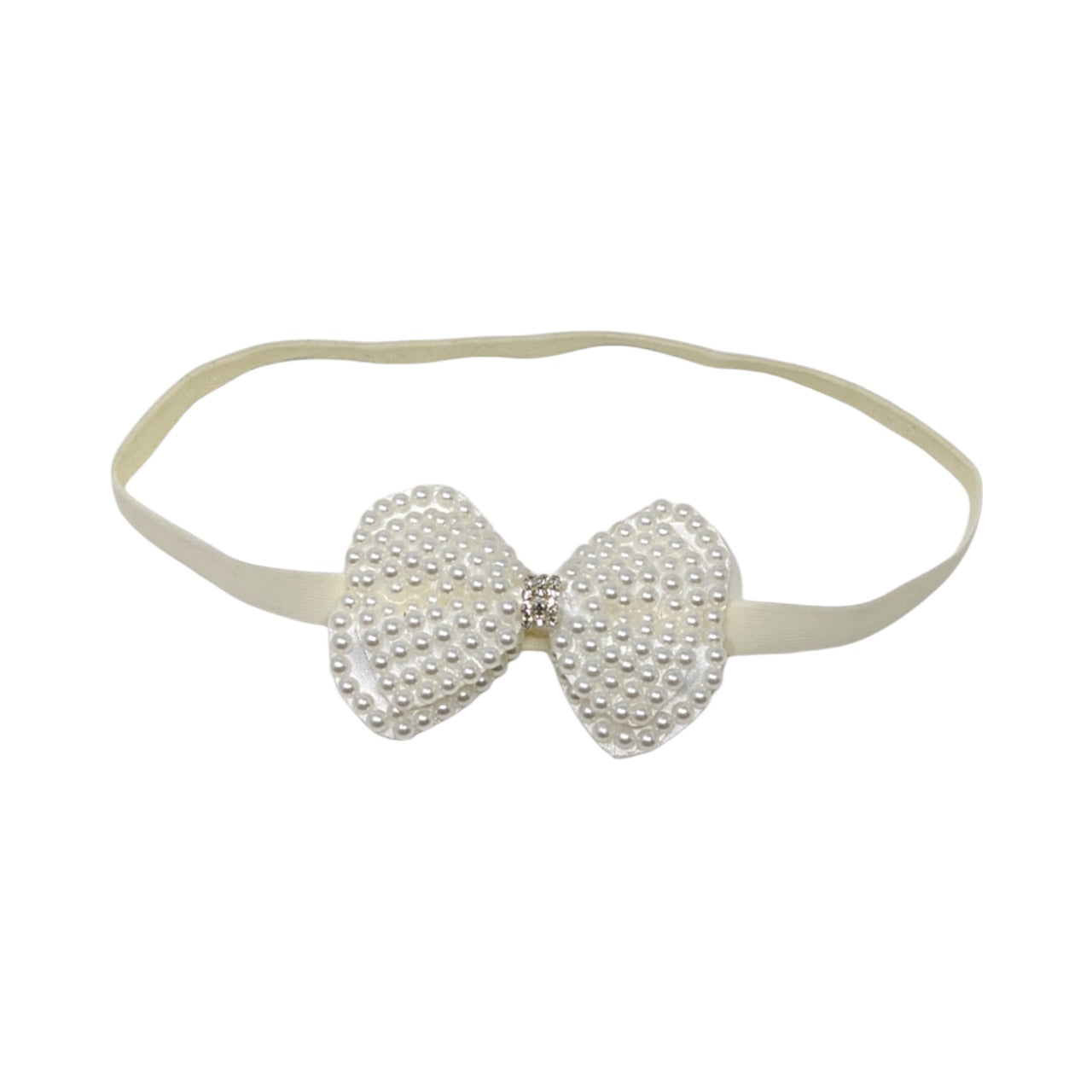 Medium pearl bow with rhinestone on a soft ivory headband