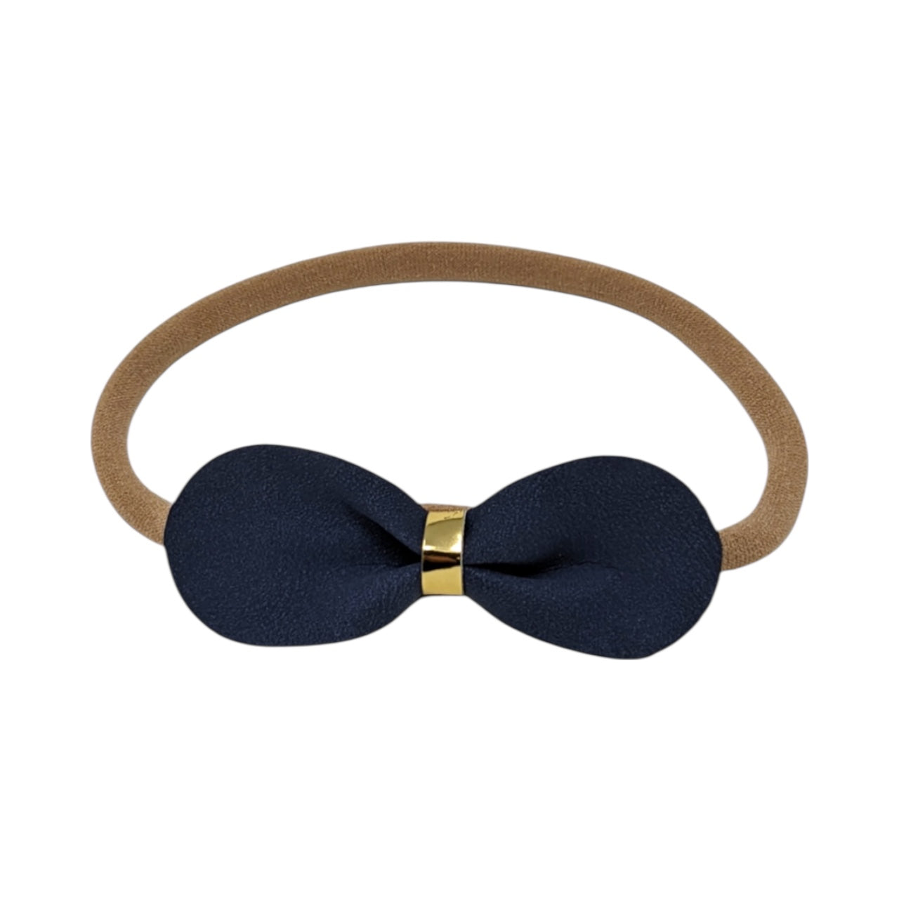 Navy bow with gold center on a skinny soft nylon headband