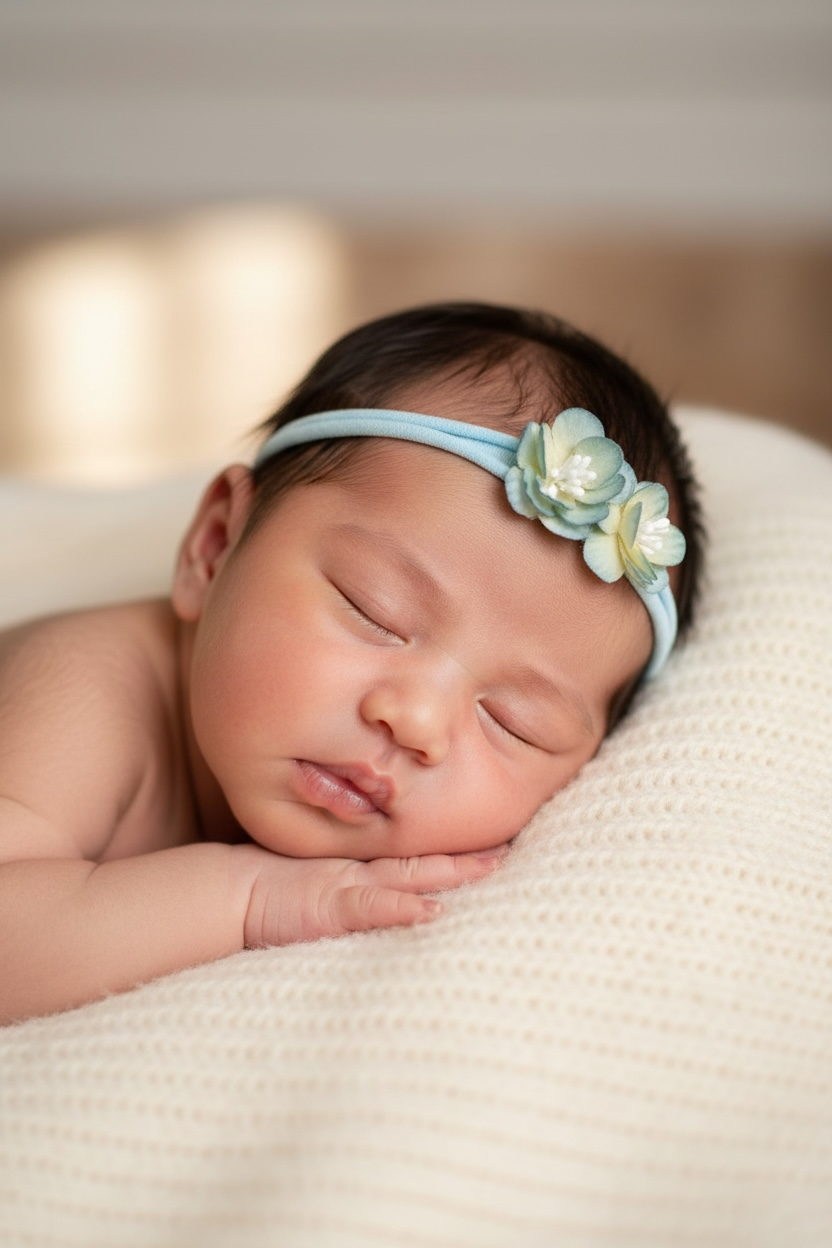 Blue flowers on a skinny soft nylon headband