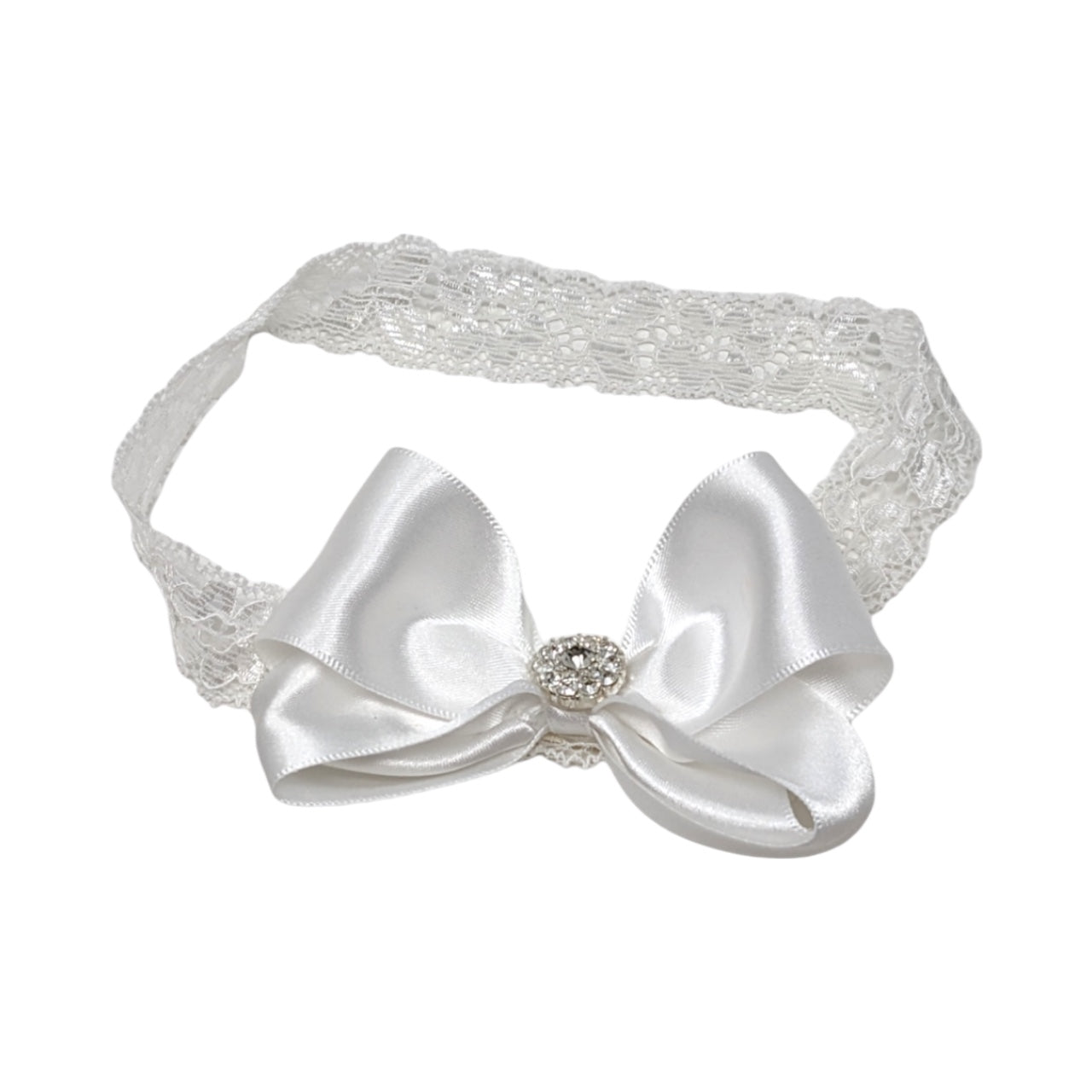 White large satin bow on soft lace headband
