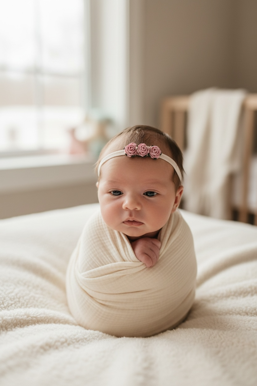 Plush elastic headband with three mulberry roses in pink