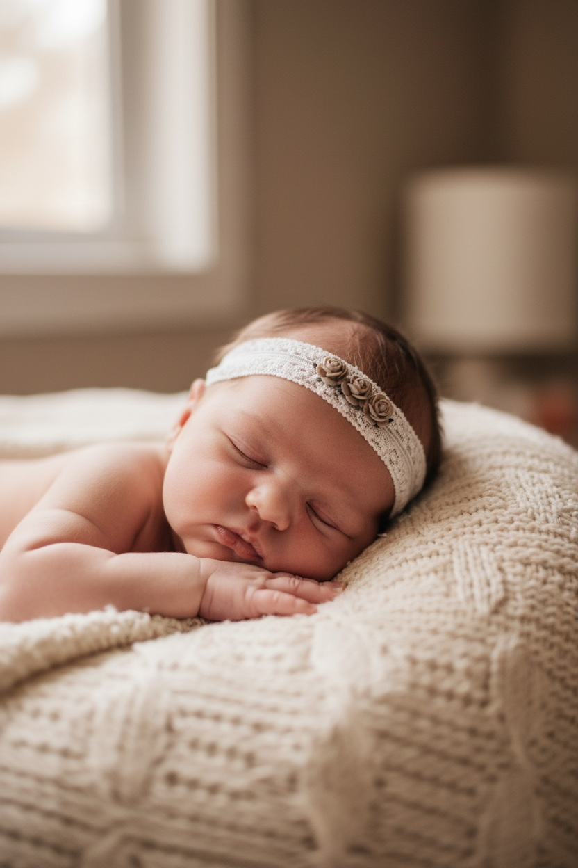 Off white lace headband with three mulberry roses in brown