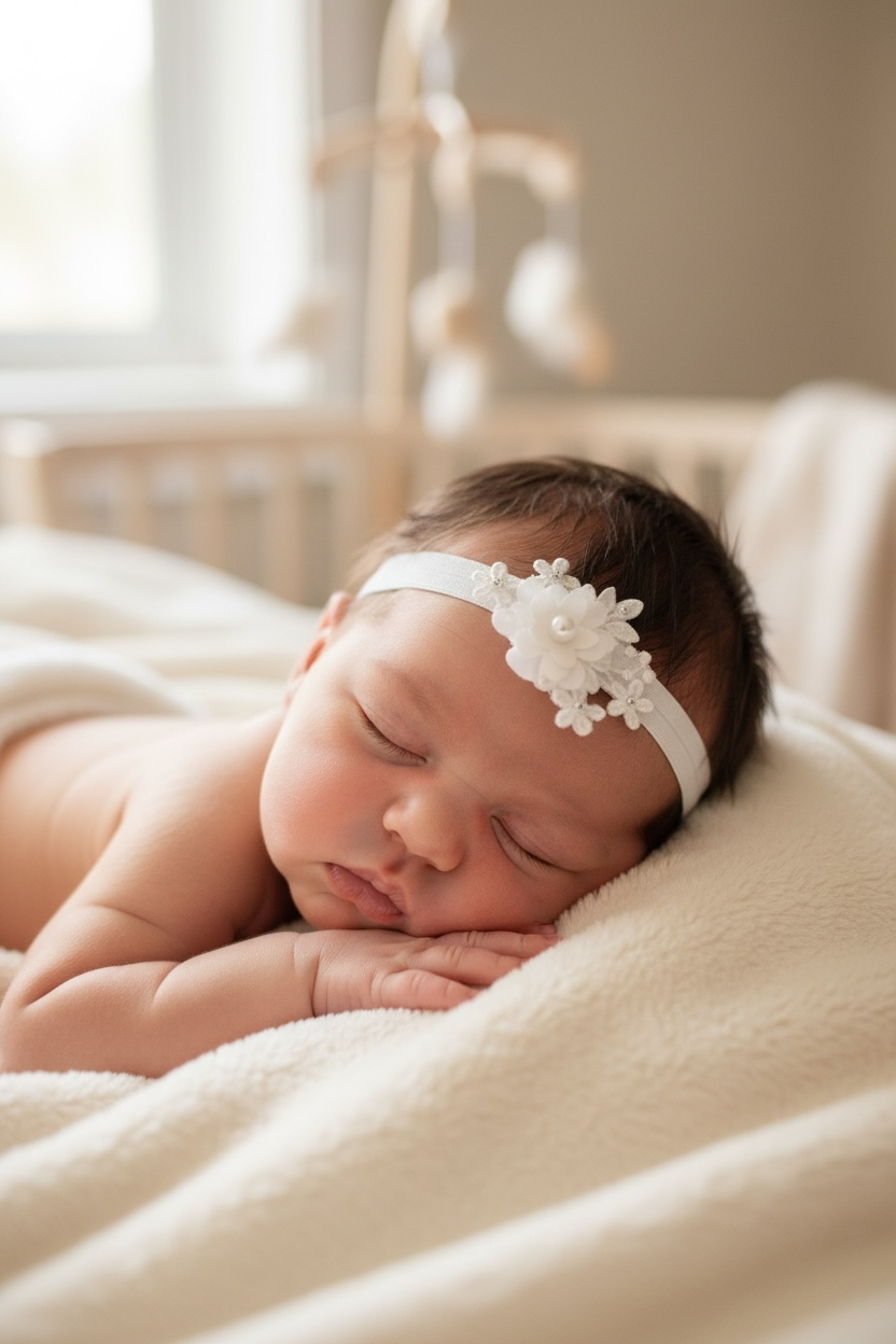 Off white lace flower with Swarovski crystals and pearl on a headband
