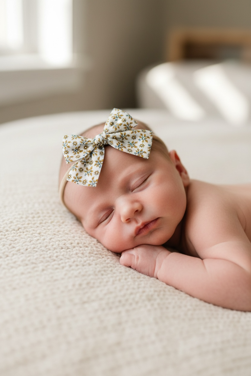 Mustard and green fabric checked bow on a headband