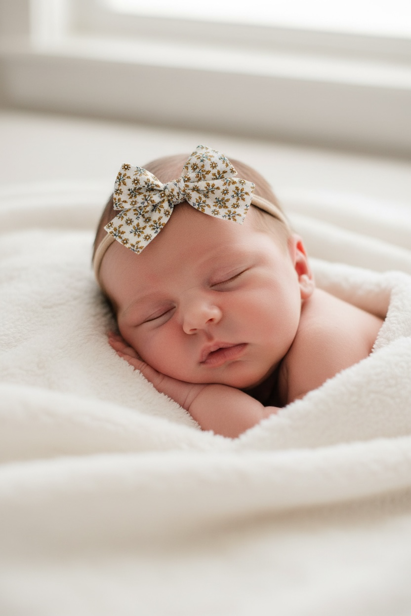 Mustard and green fabric checked bow on a headband