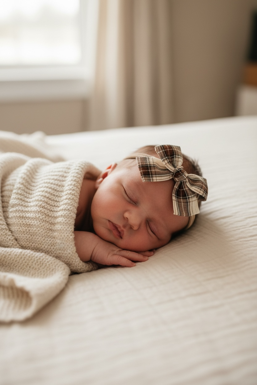 Brown fabric checked bow on a headband