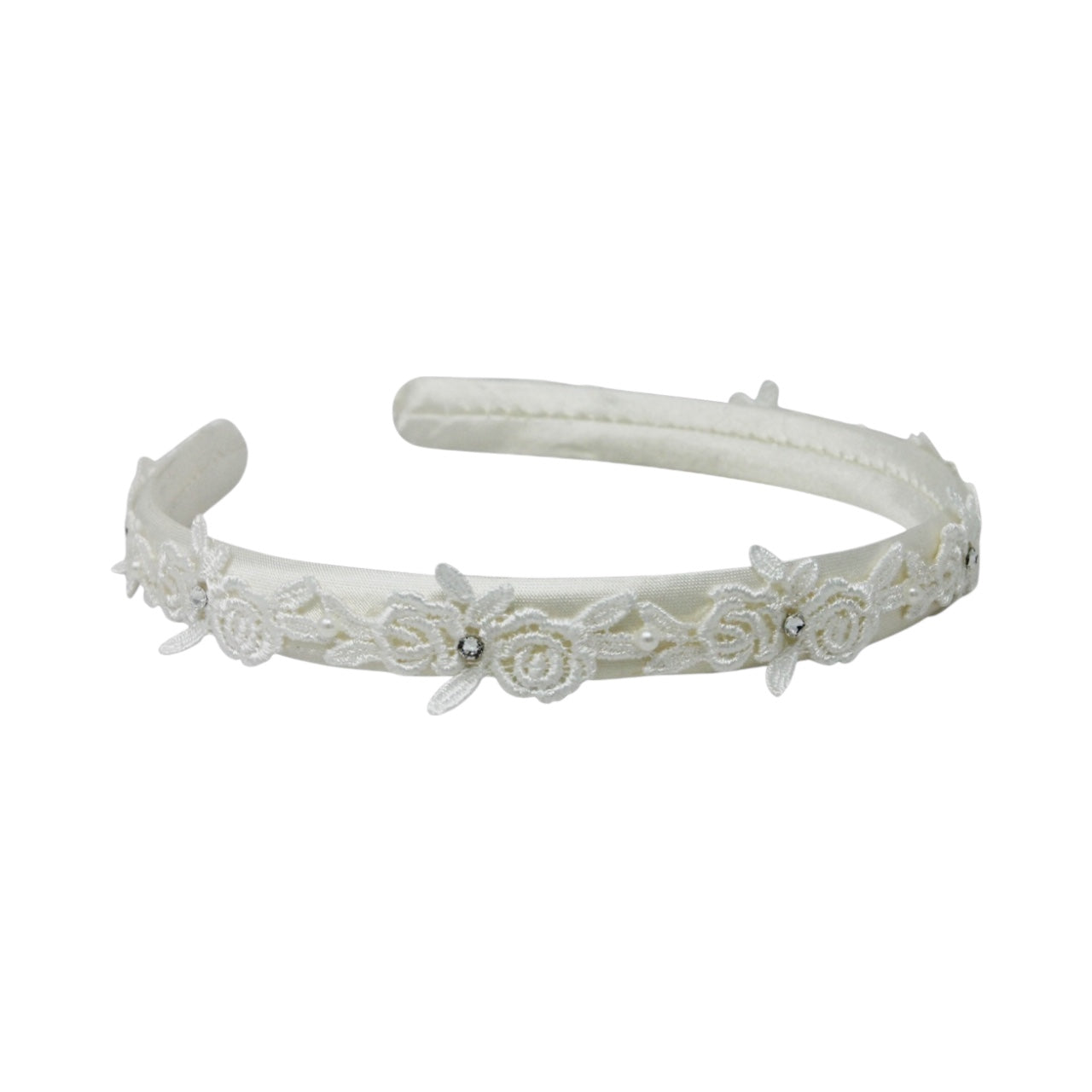 Off white floral lace trim on a satin alice band