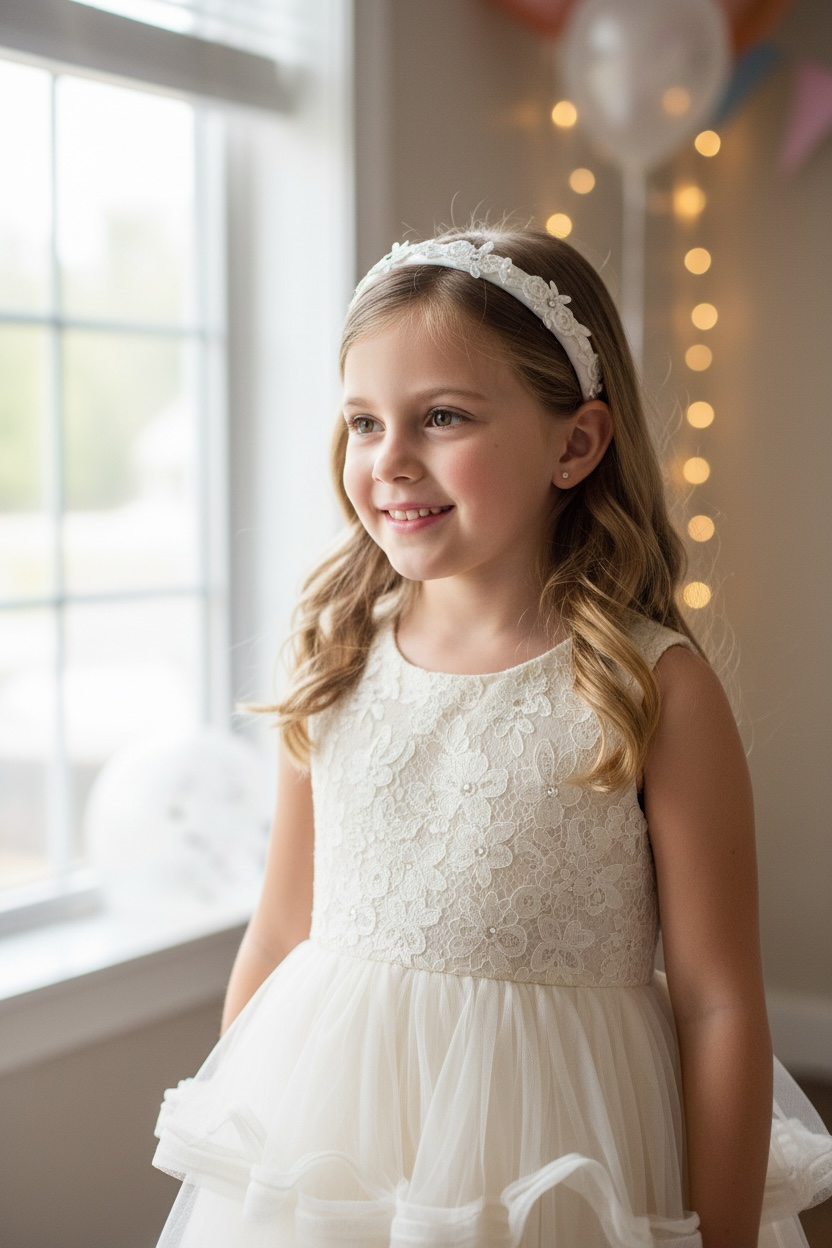 Off white floral lace trim on a satin alice band