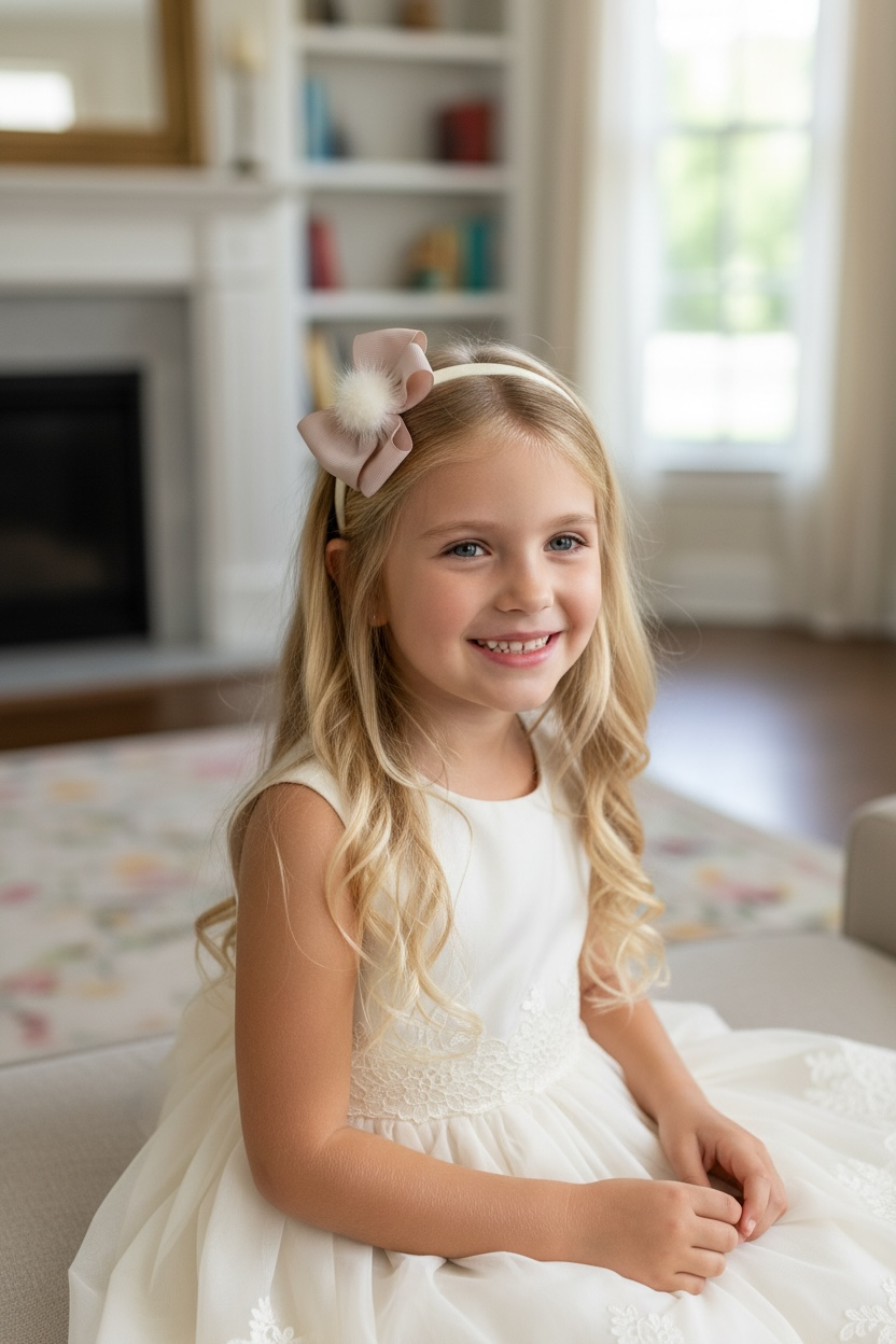 Taupe double bow with pom pom on a satin alice band