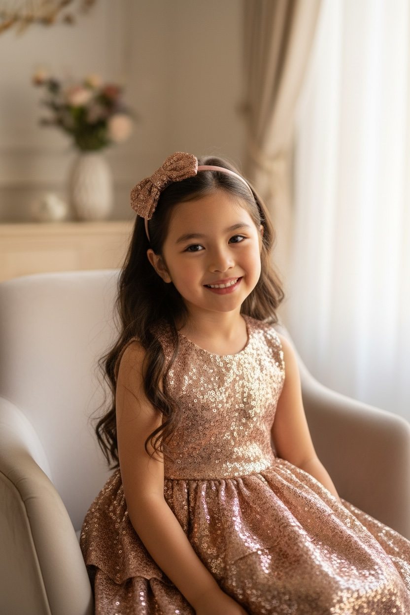 Rose gold sequin bow on a satin alice band