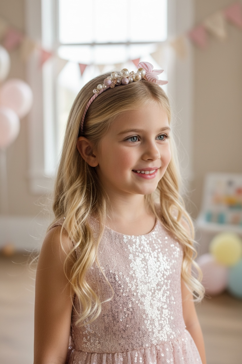 Pink and off white stripy alice band with pearls and stones in a gold cased diamante