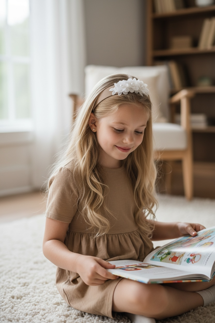 Brown wide alice band with off white flowers and pearls