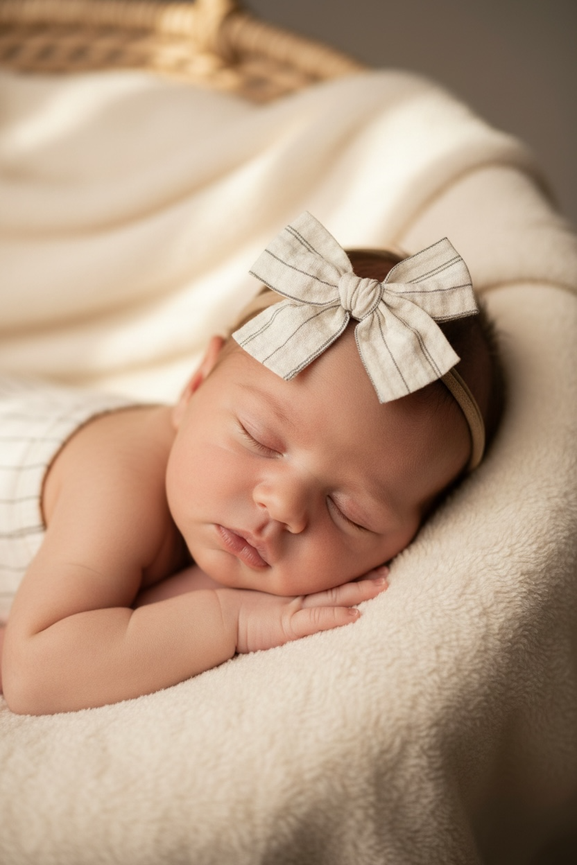 Ivory and brown fabric checked bow on a headband