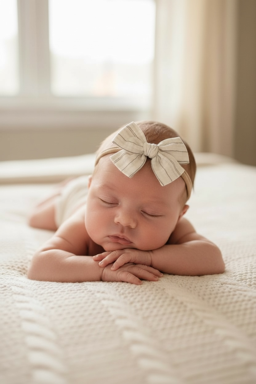 Ivory and brown fabric checked bow on a headband