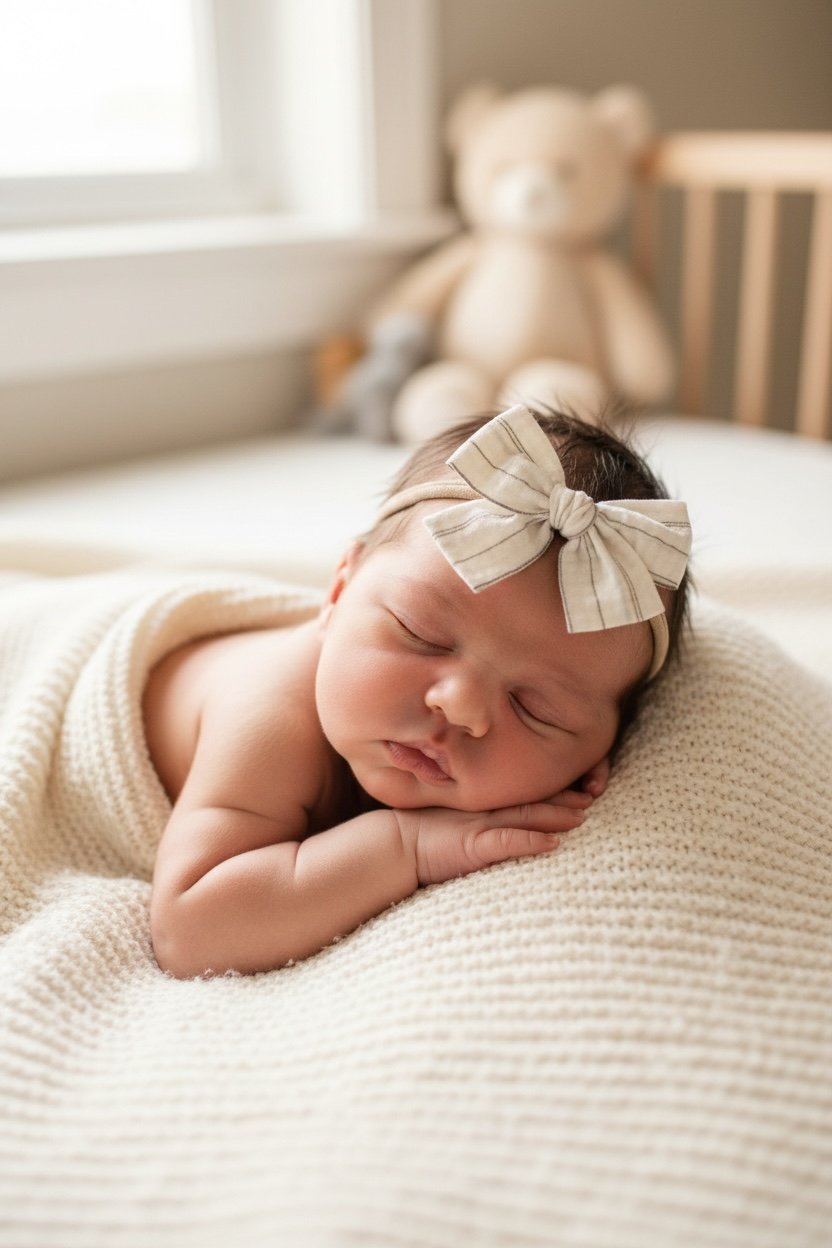 Ivory and brown fabric checked bow on a headband