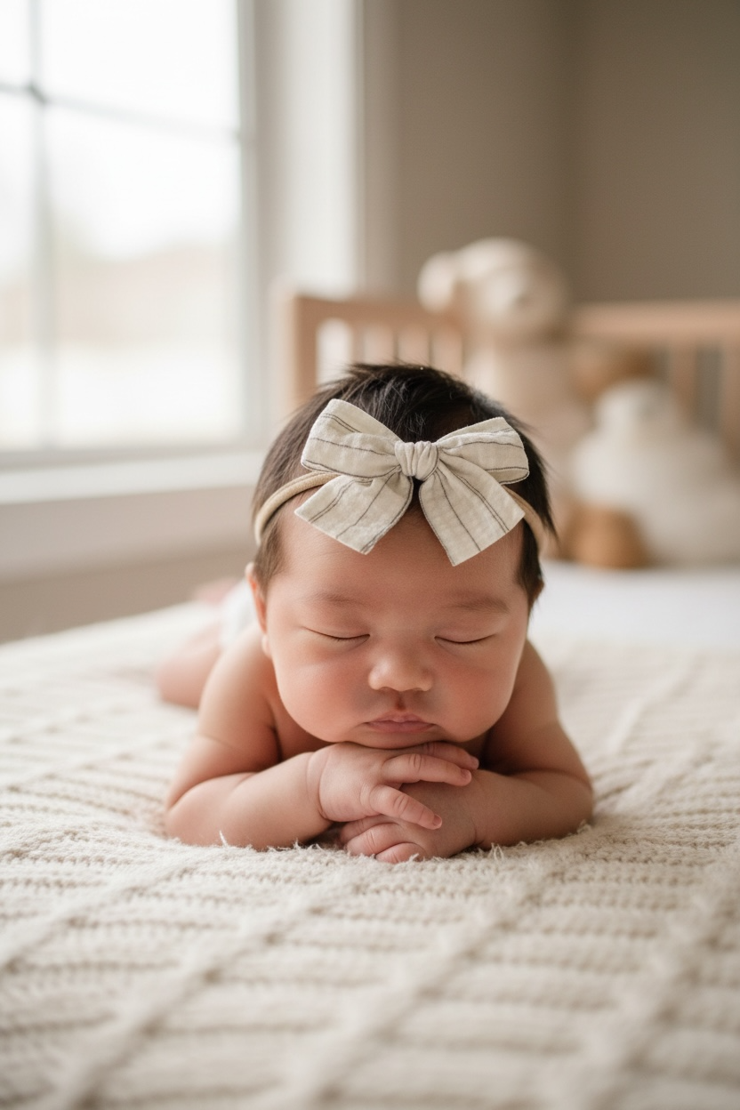Ivory and brown fabric checked bow on a headband