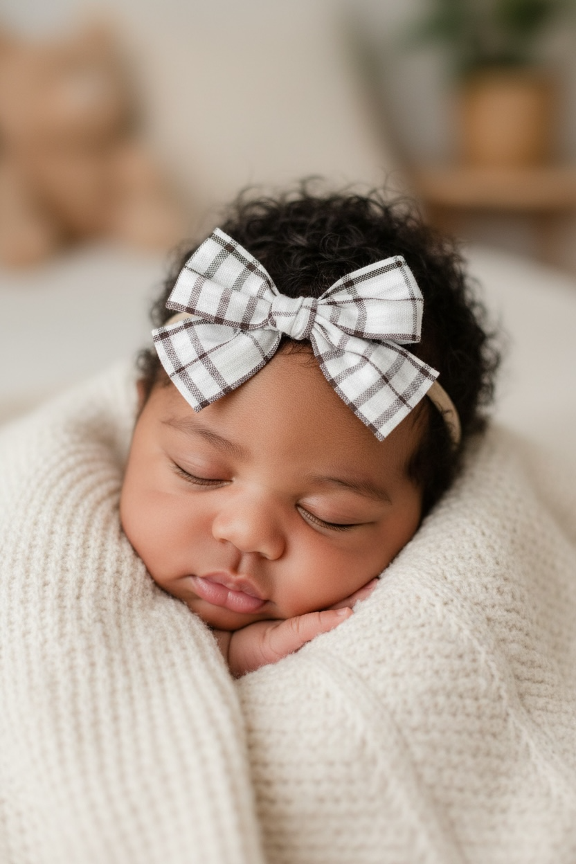 Brown and off white fabric checked bow on a headband