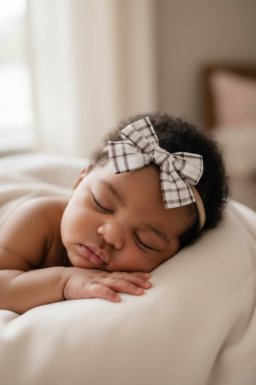 Brown and off white fabric checked bow on a headband