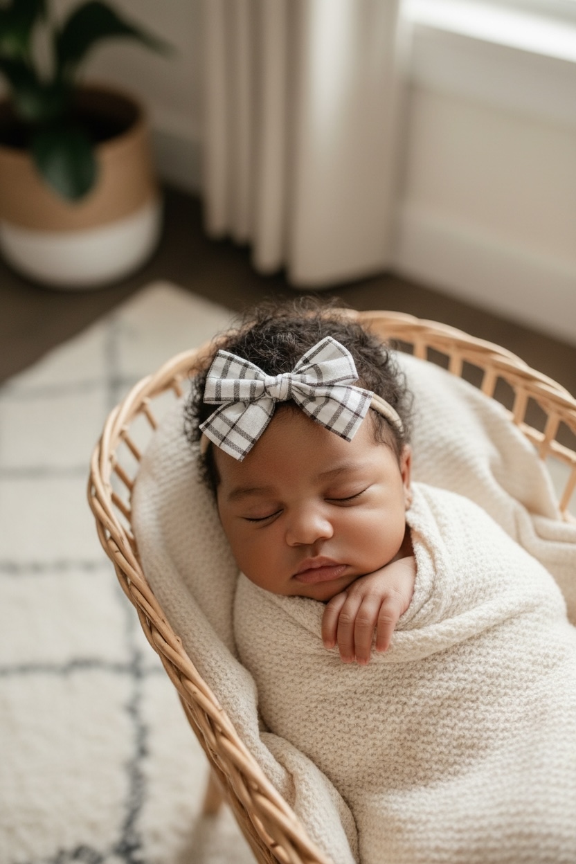 Brown and off white fabric checked bow on a headband