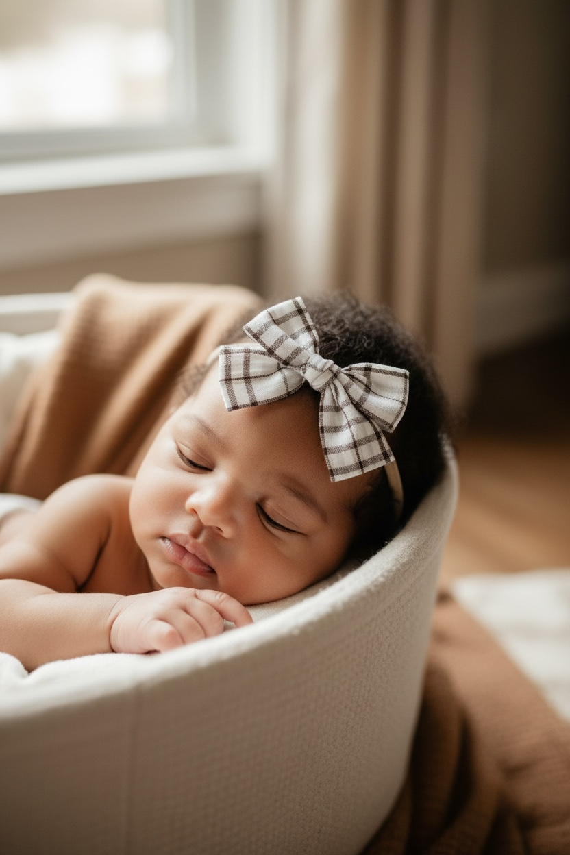 Brown and off white fabric checked bow on a headband