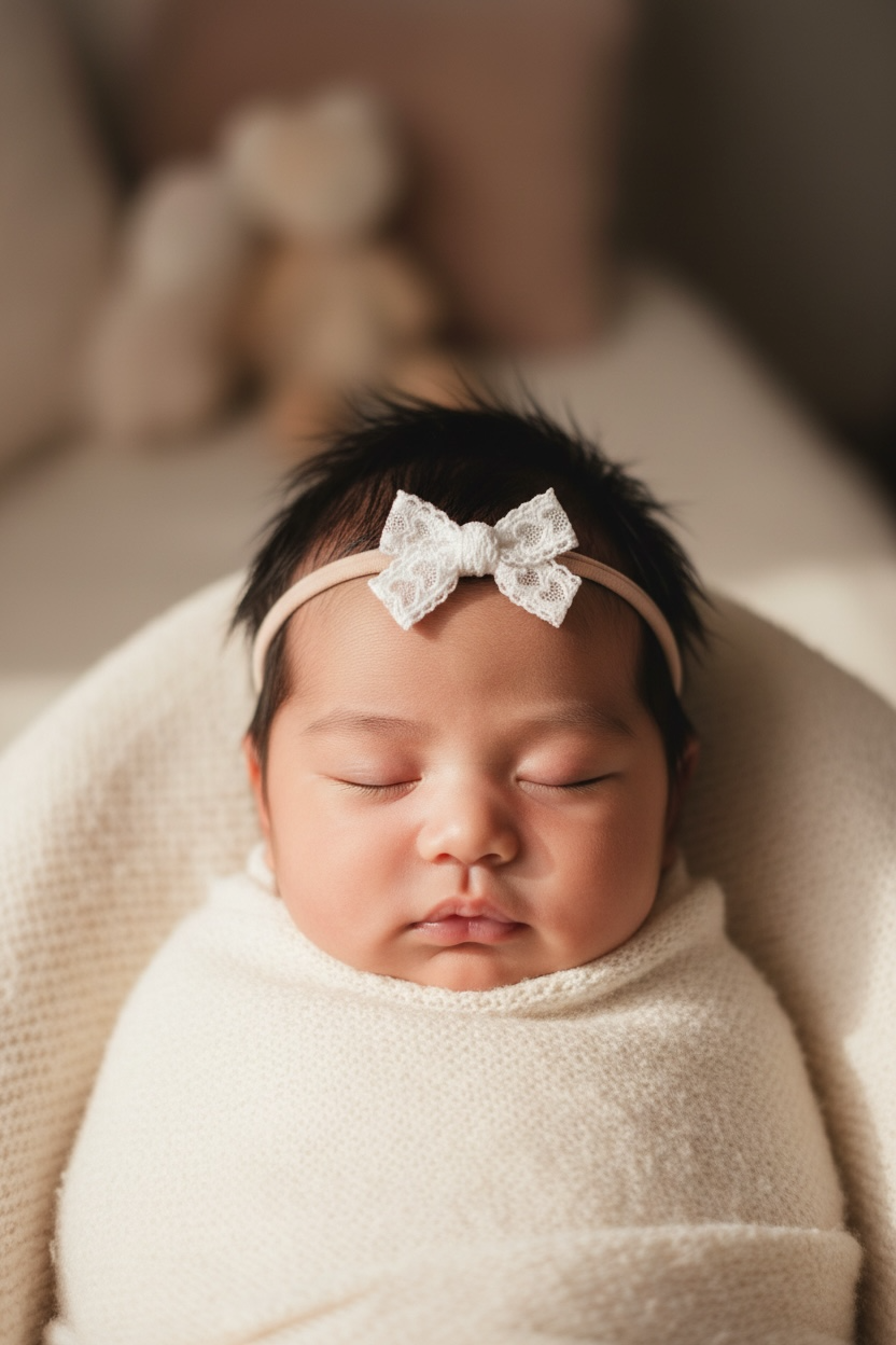 White lace bow on a pink nylon headband