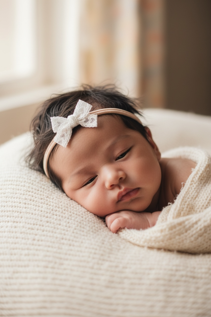 White lace bow on a pink nylon headband