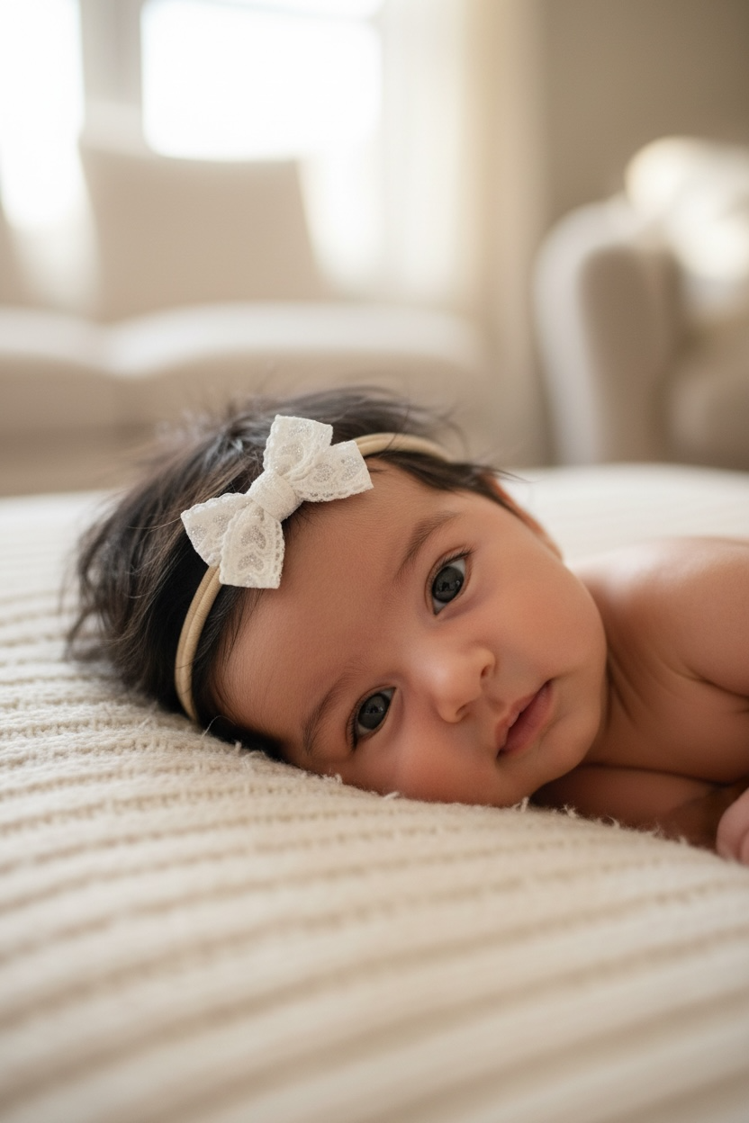 White lace bow on an ivory nylon headband