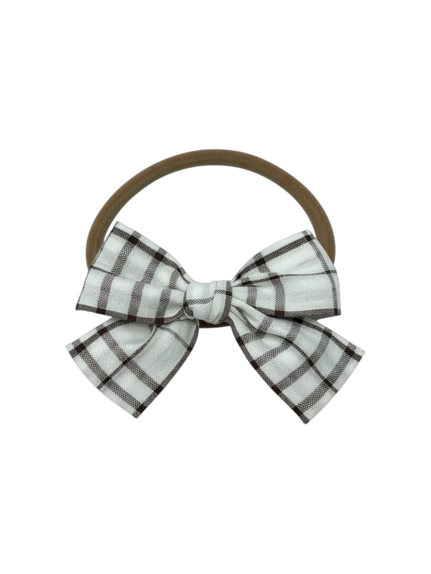 Brown and off white fabric checked bow on a headband