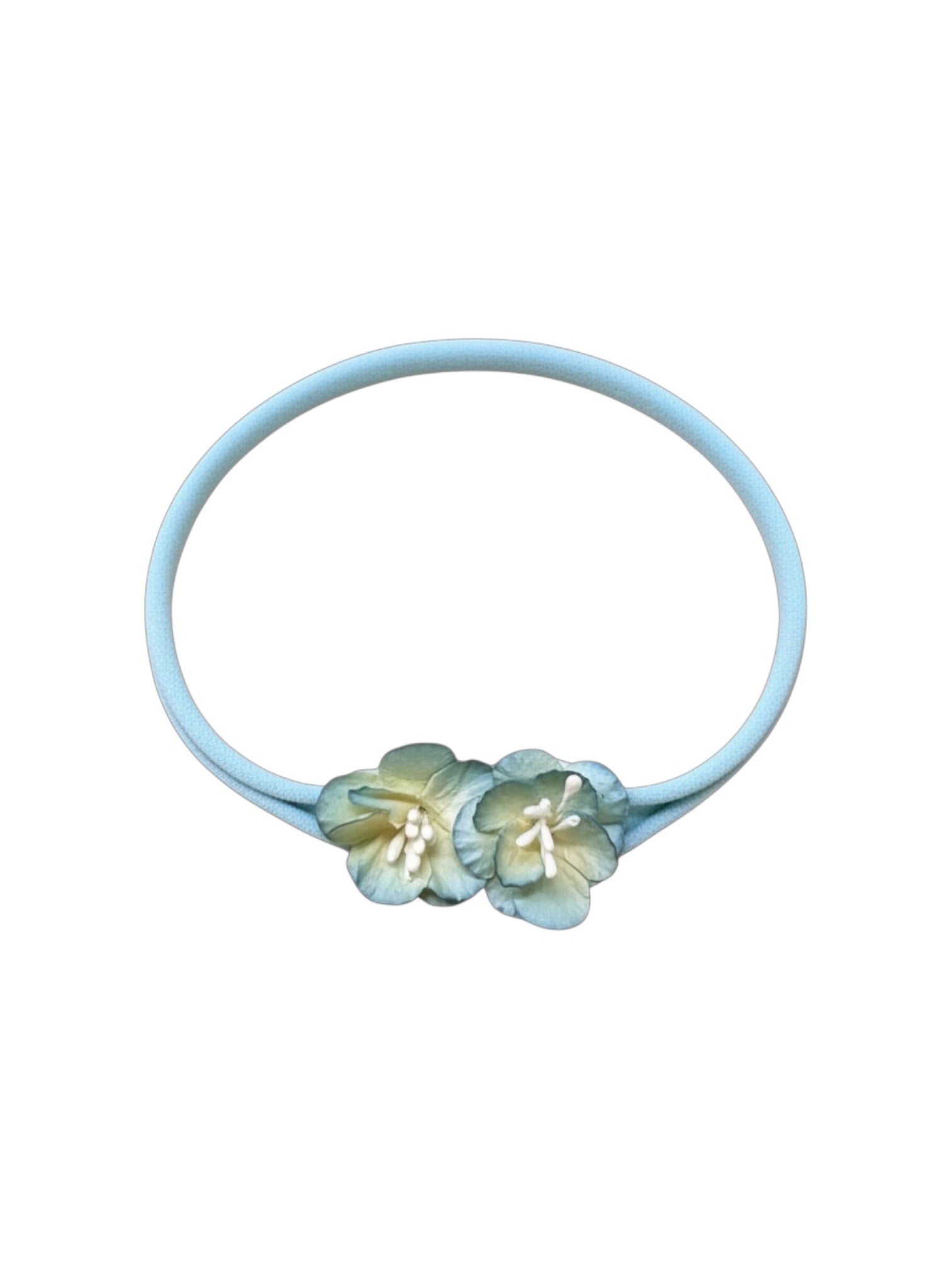 Blue flowers on a skinny soft nylon headband