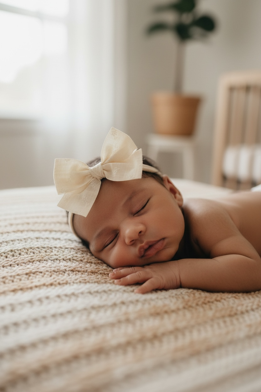 Ivory floral fabric bow on a headband
