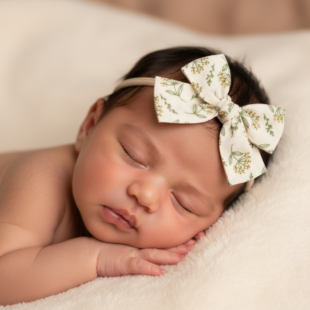 Green flowers fabric bow on a headband
