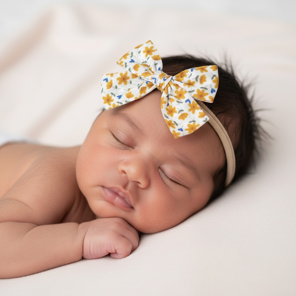 Mustard flowers fabric bow on a headband