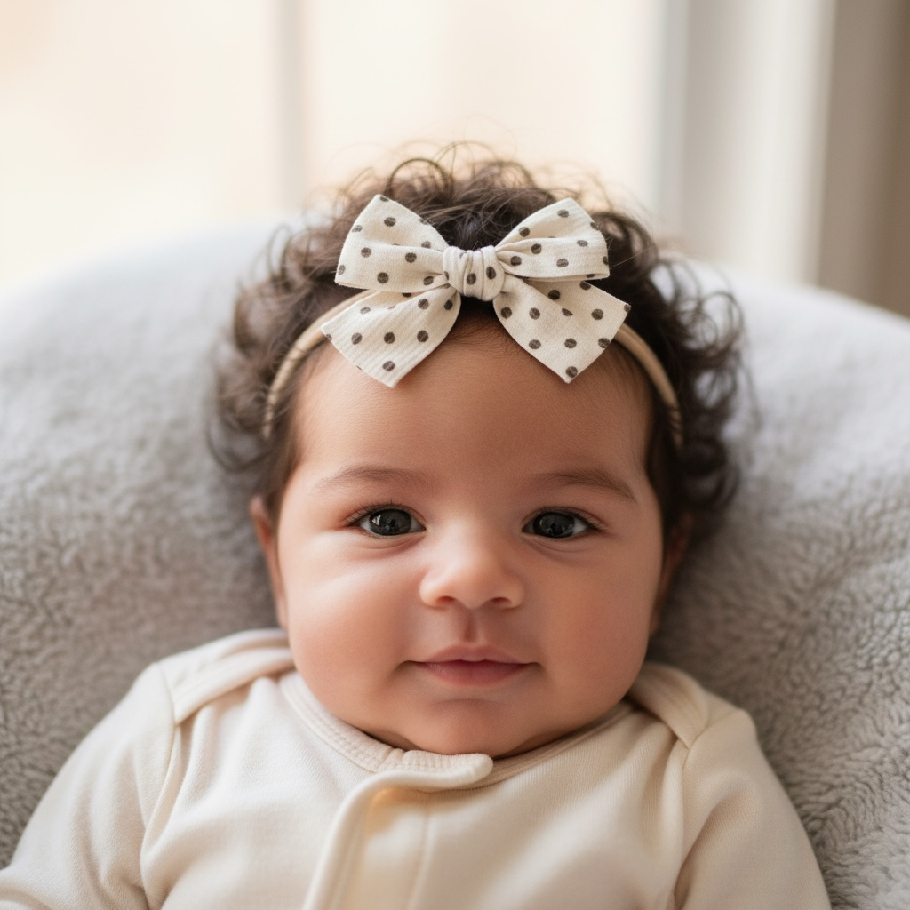 Brown polka dot fabric bow on a headband