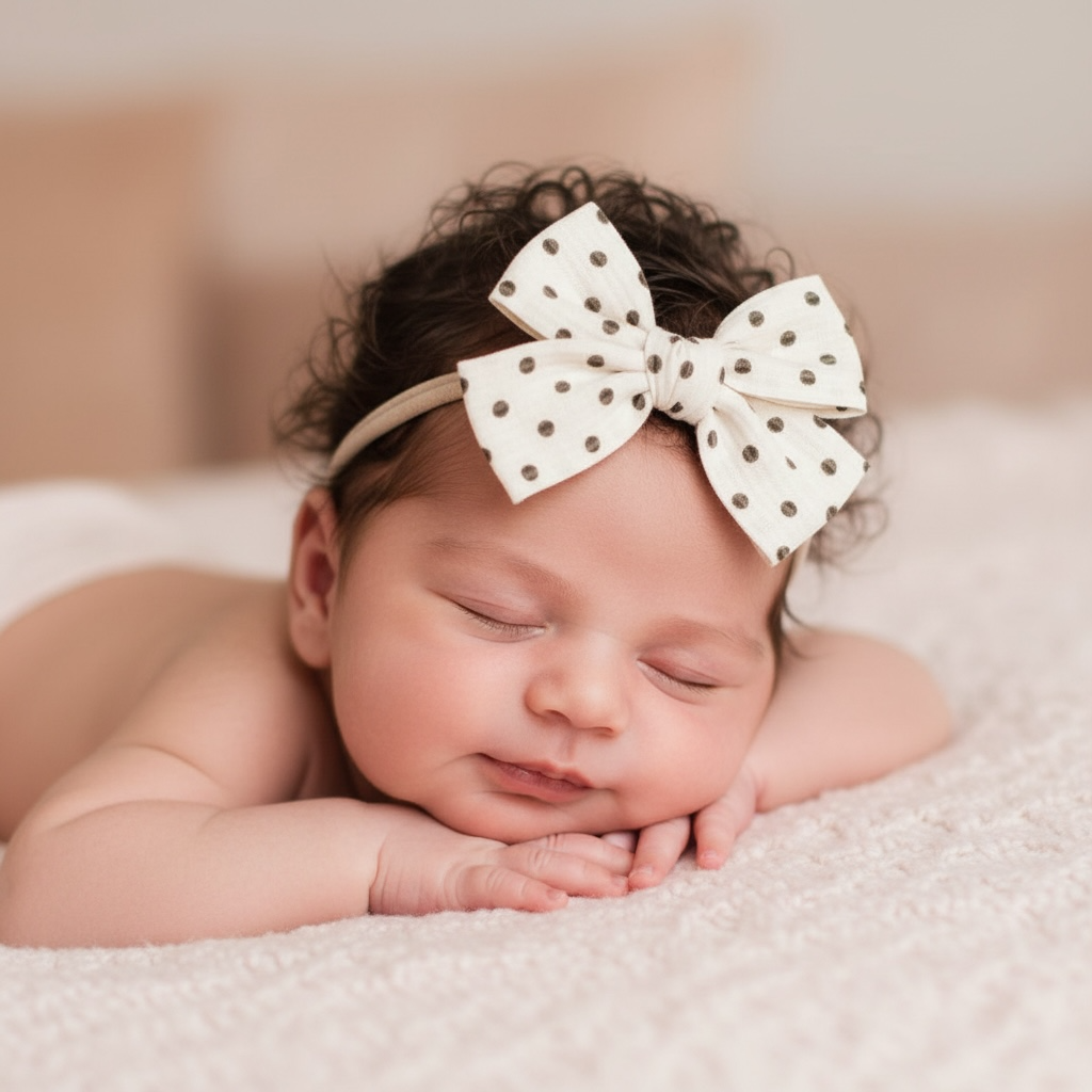 Brown polka dot fabric bow on a headband