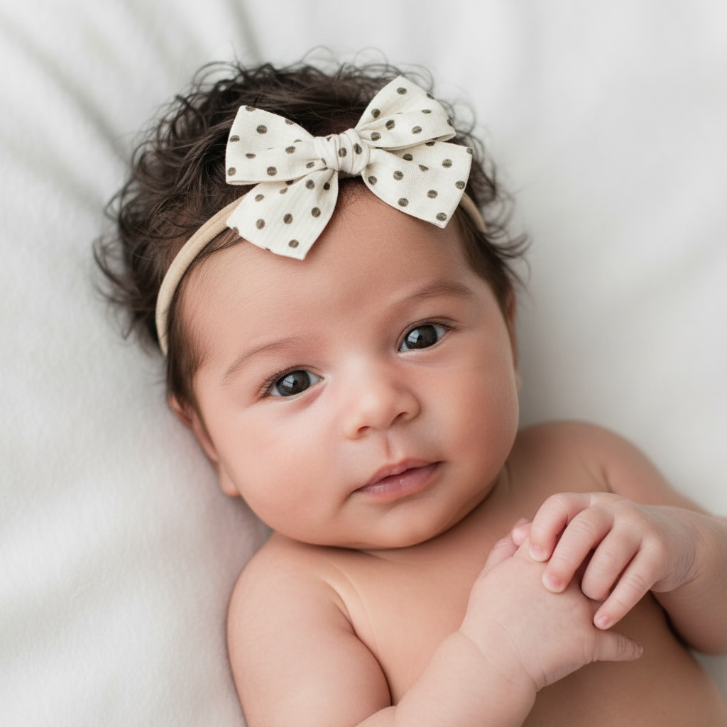 Brown polka dot fabric bow on a headband