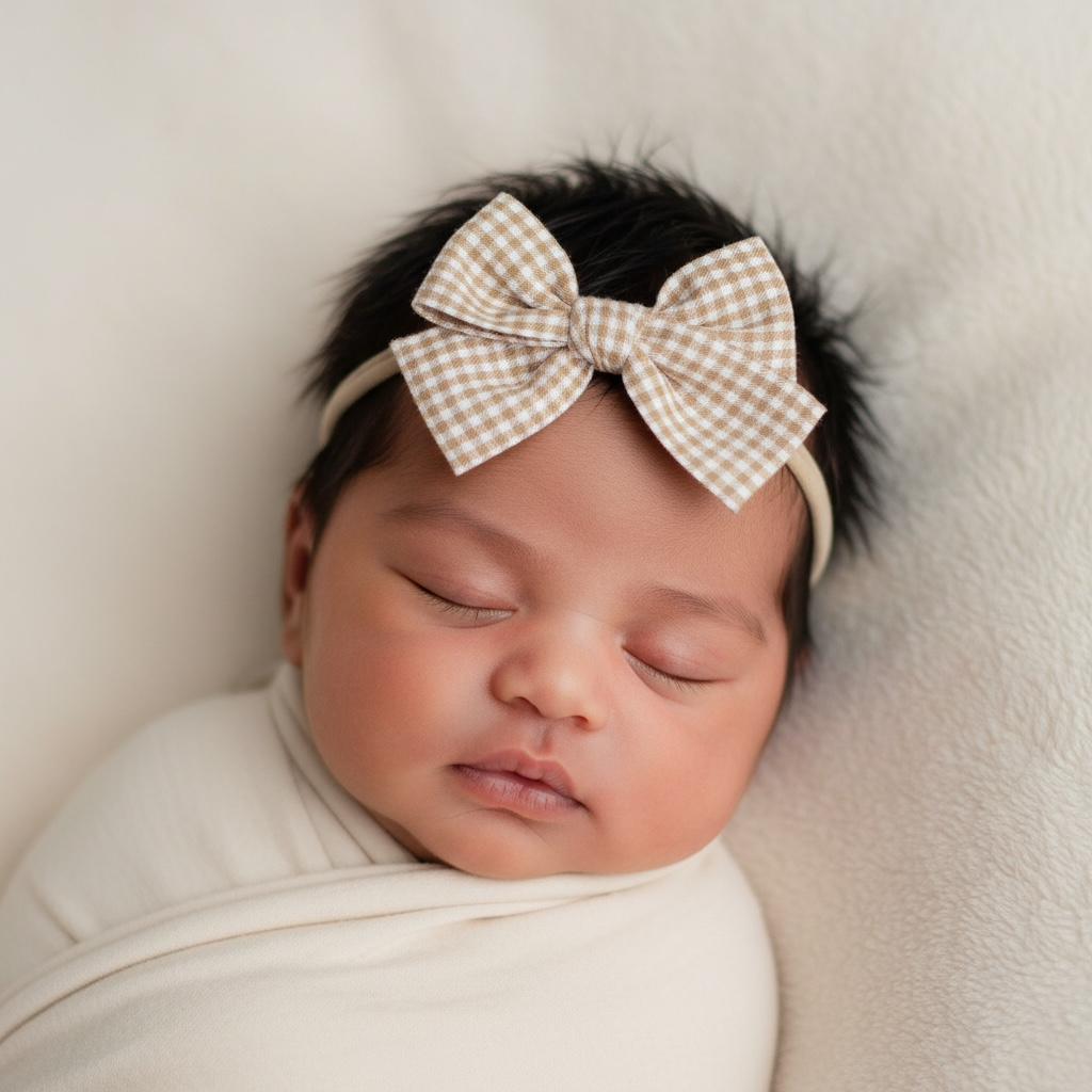 Mustard checked fabric bow on a headband.