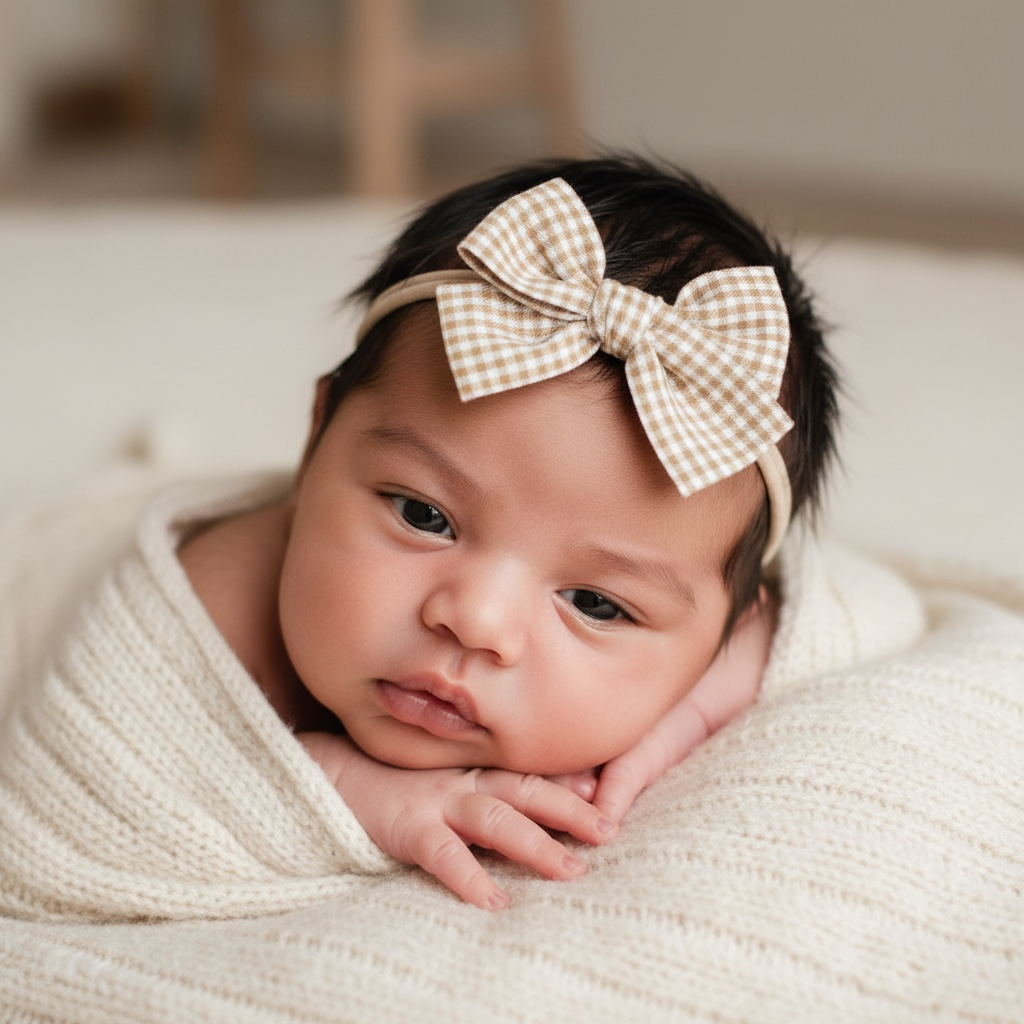 Mustard checked fabric bow on a headband.
