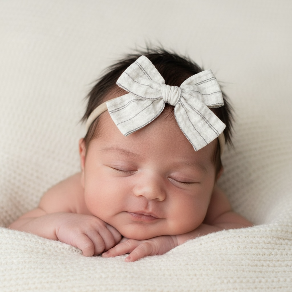 Ivory and brown fabric checked bow on a headband