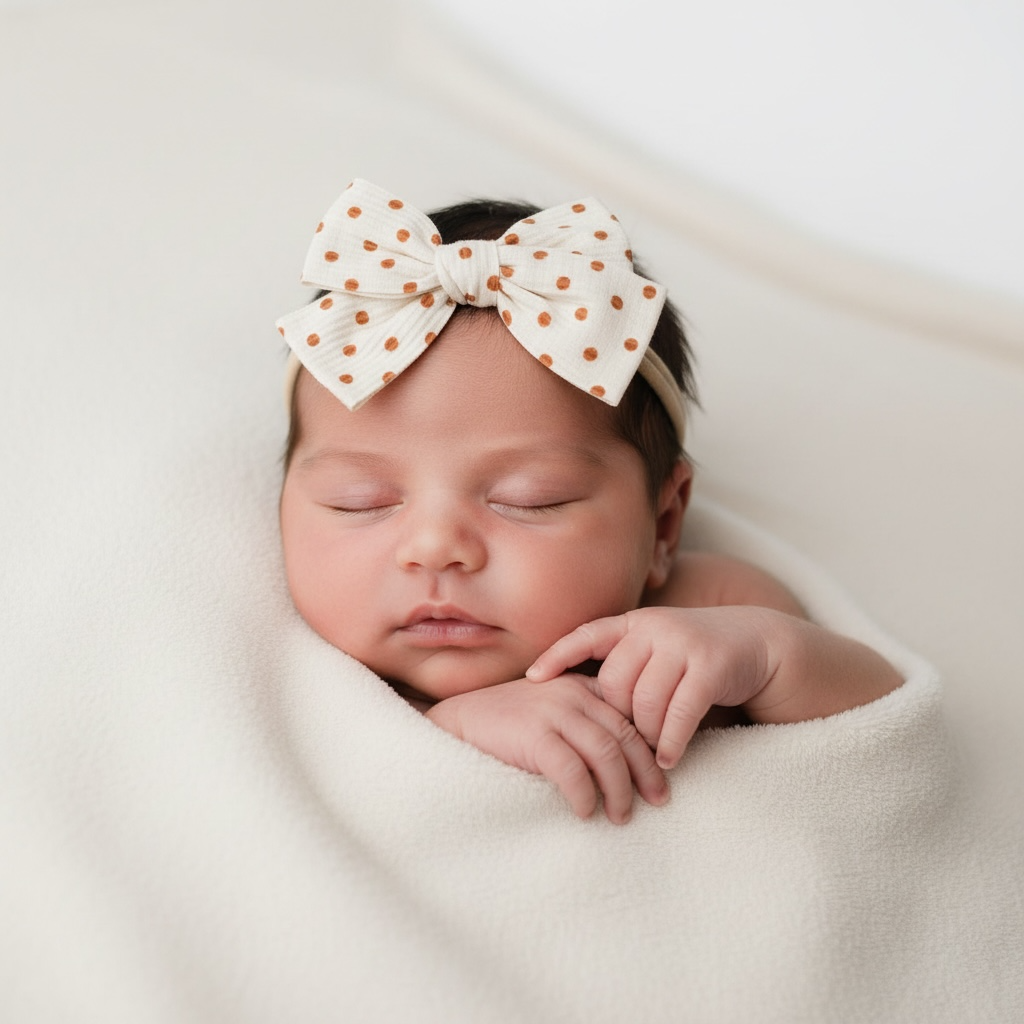 Fabric orange brown polka dot bow on a headband