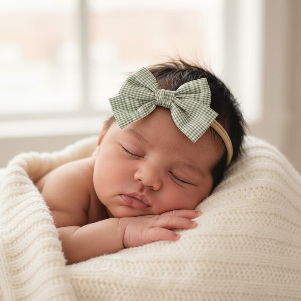Green checked fabric bow on a headband