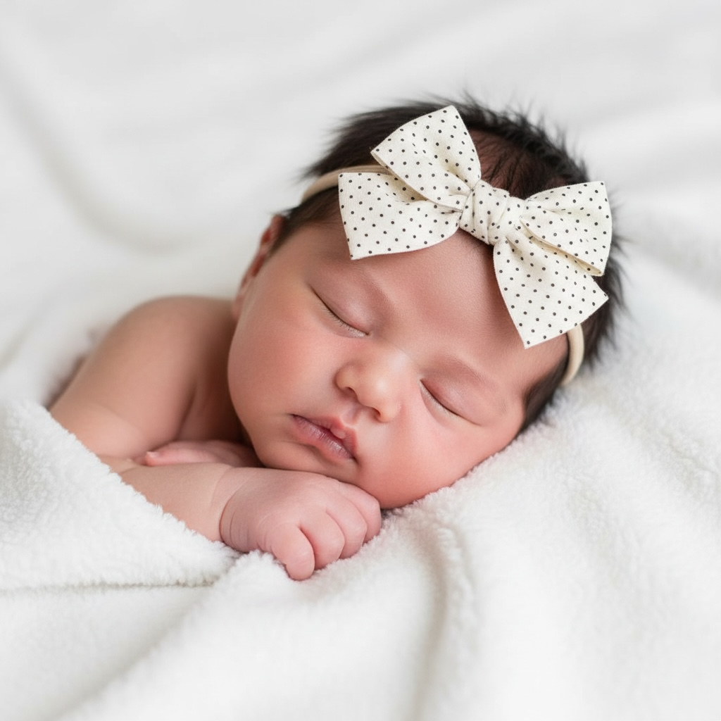 Small polka dot fabric bow on a headband