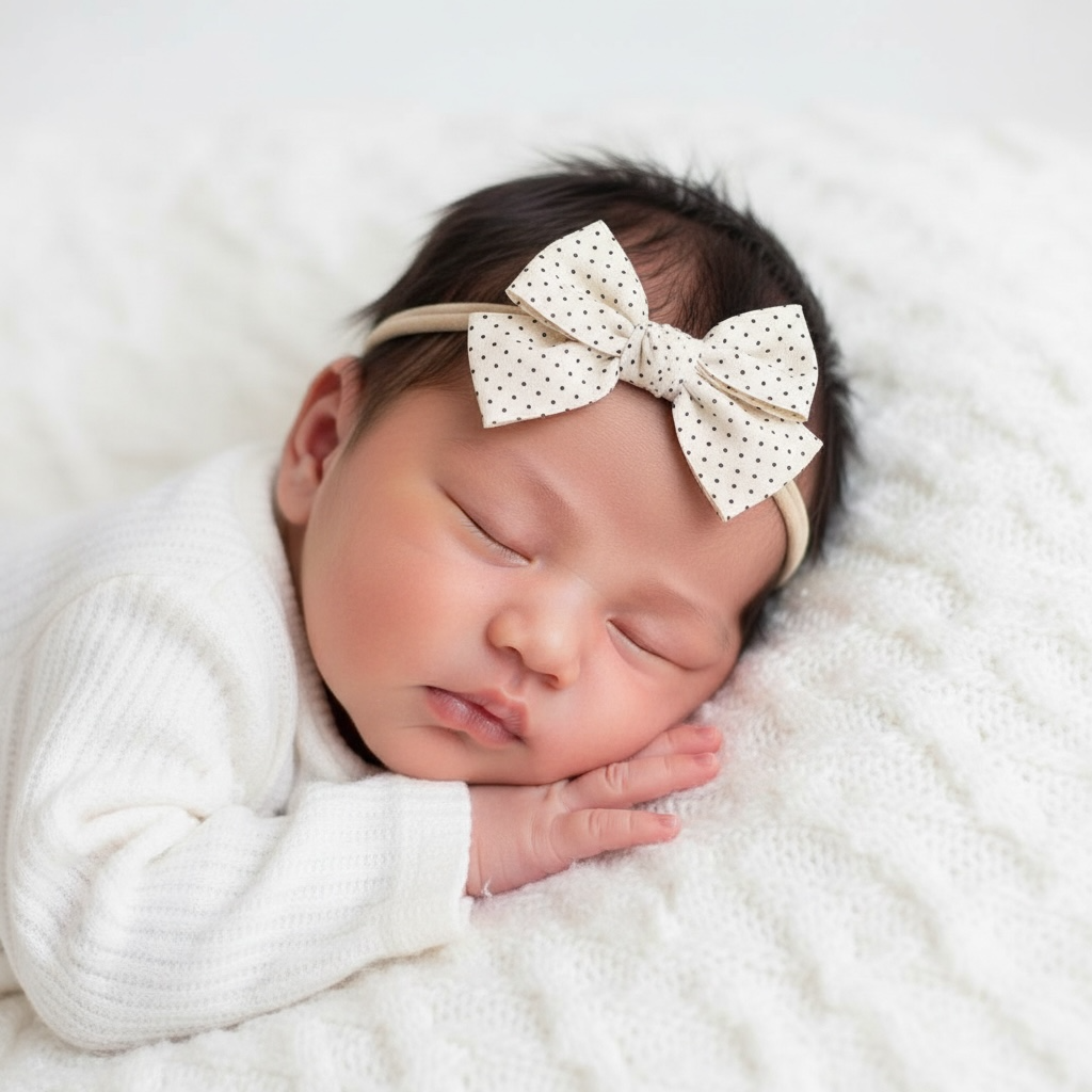 Small polka dot fabric bow on a headband