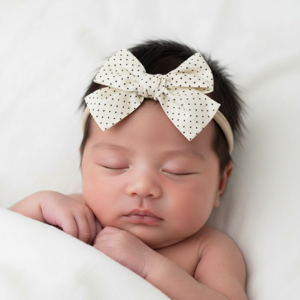 Small polka dot fabric bow on a headband
