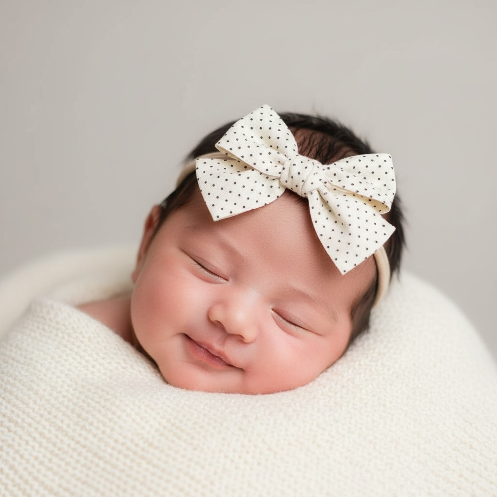 Small polka dot fabric bow on a headband