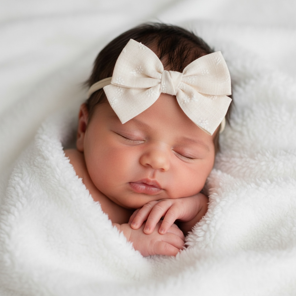 Ivory floral fabric bow on a headband